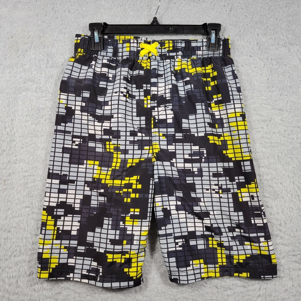 Joe Boxer Swim Trunks Boys XL 14/16 Black Yellow Digital Grid Board Shorts 28x9